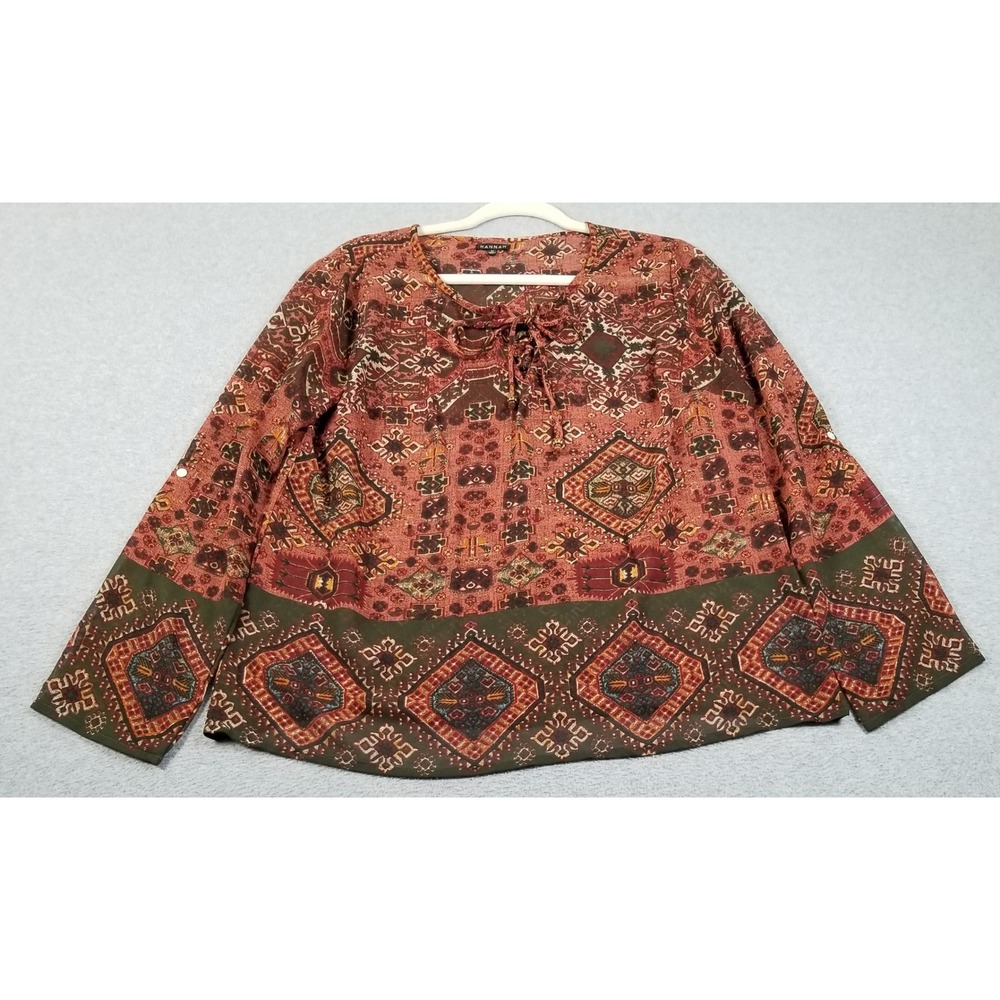 Hannah Blouse Womens M Medium Geometric Sheer Boho Long Sleeves Tribal Artsy Top